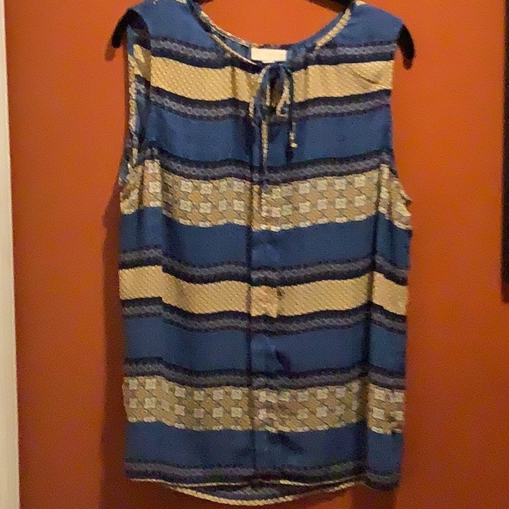 Blue and Cream Buttoned Tie Front Blouse